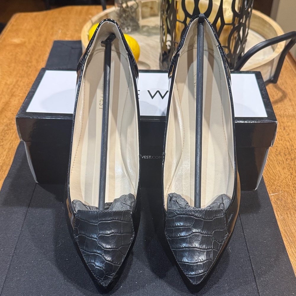 Nine West Snooze Black Croc-Embossed Flat Sz 8.5 M